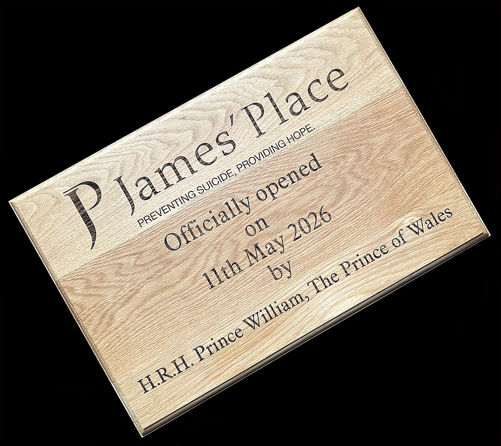 Bespoke engraved wood plaque opened by HRH Prince William, Prince of Wales