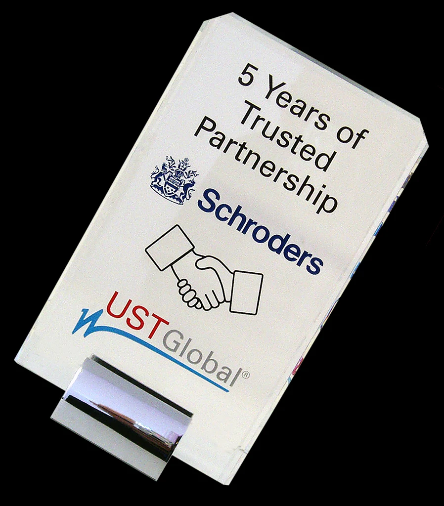 Engraved glass partnership award produced for Schroders and UST Global